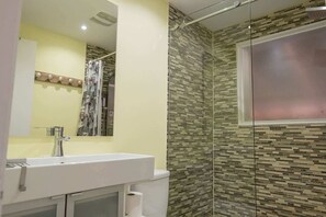 Shower, hair dryer, towels