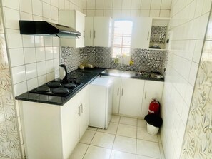 Frigobar, horno, placa de cocina, utensilios de cocina