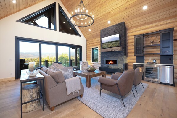 Smart TV, fireplace, books, stereo