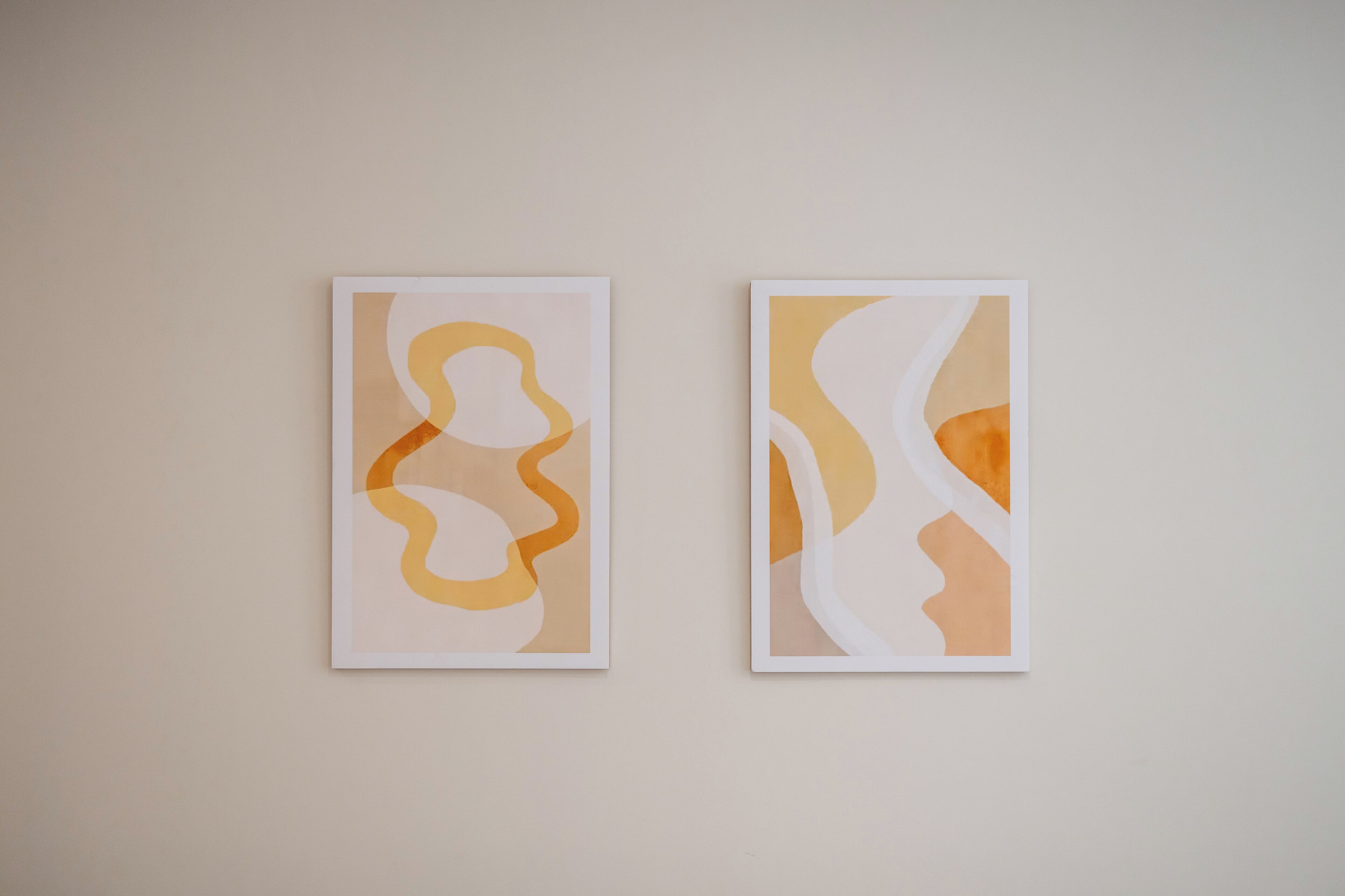 Two abstract paintings on a plain wall.