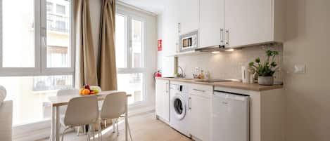 Fridge, microwave, high chair