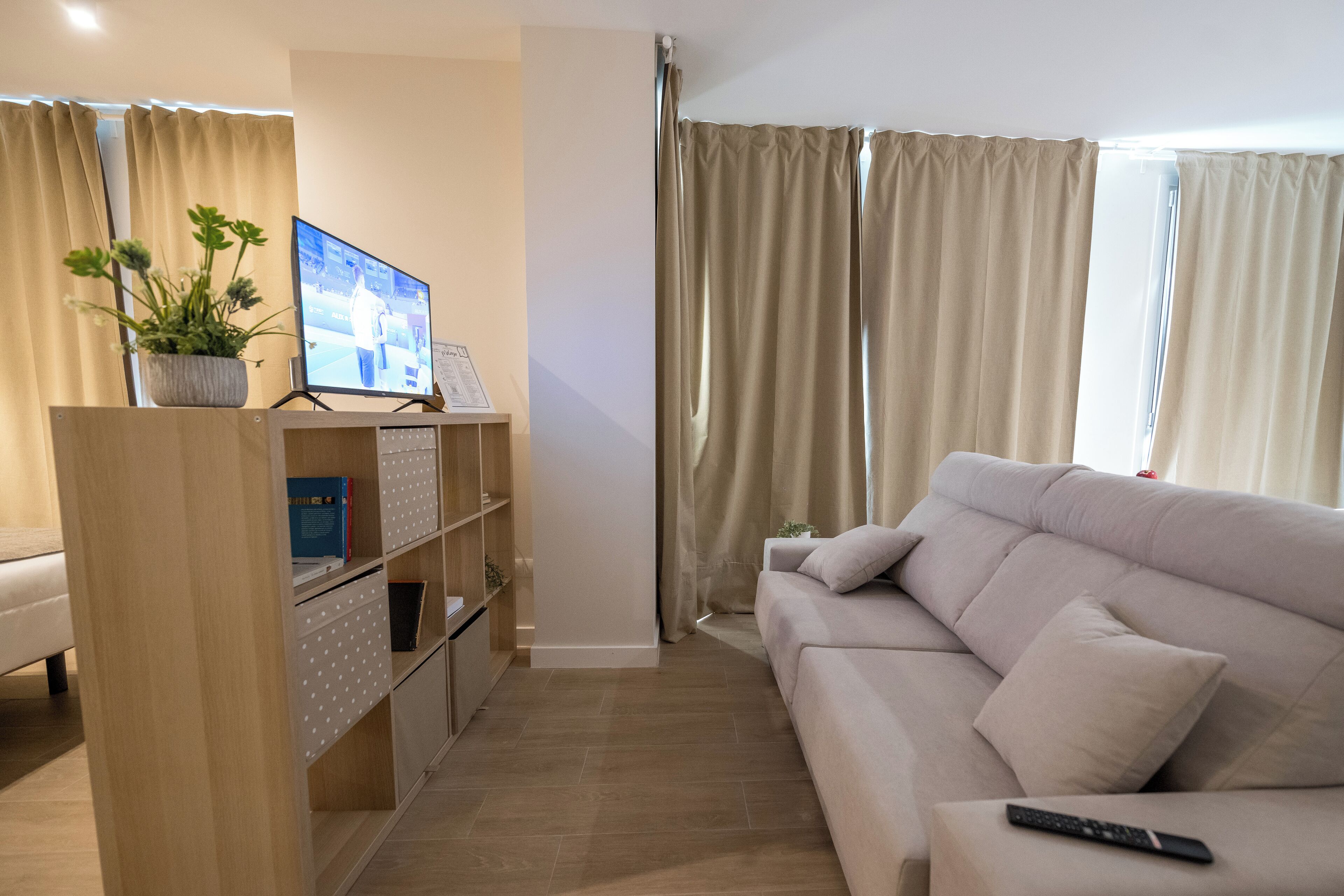 A modern living room with a beige sofa, a TV on a wooden stand, and a potted plant.