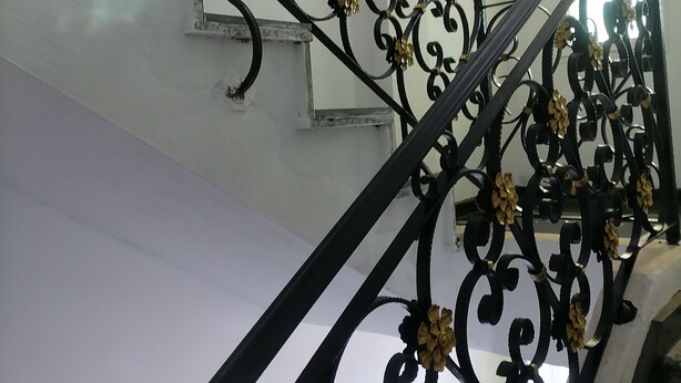 Een trap met sierlijke zwarte metalen leuningen en gouden bloemdecoraties.