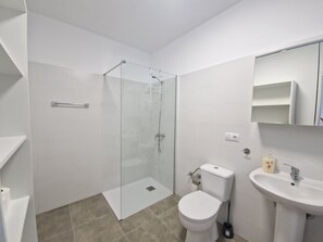 A modern bathroom with a glass shower enclosure, a toilet, and a sink.