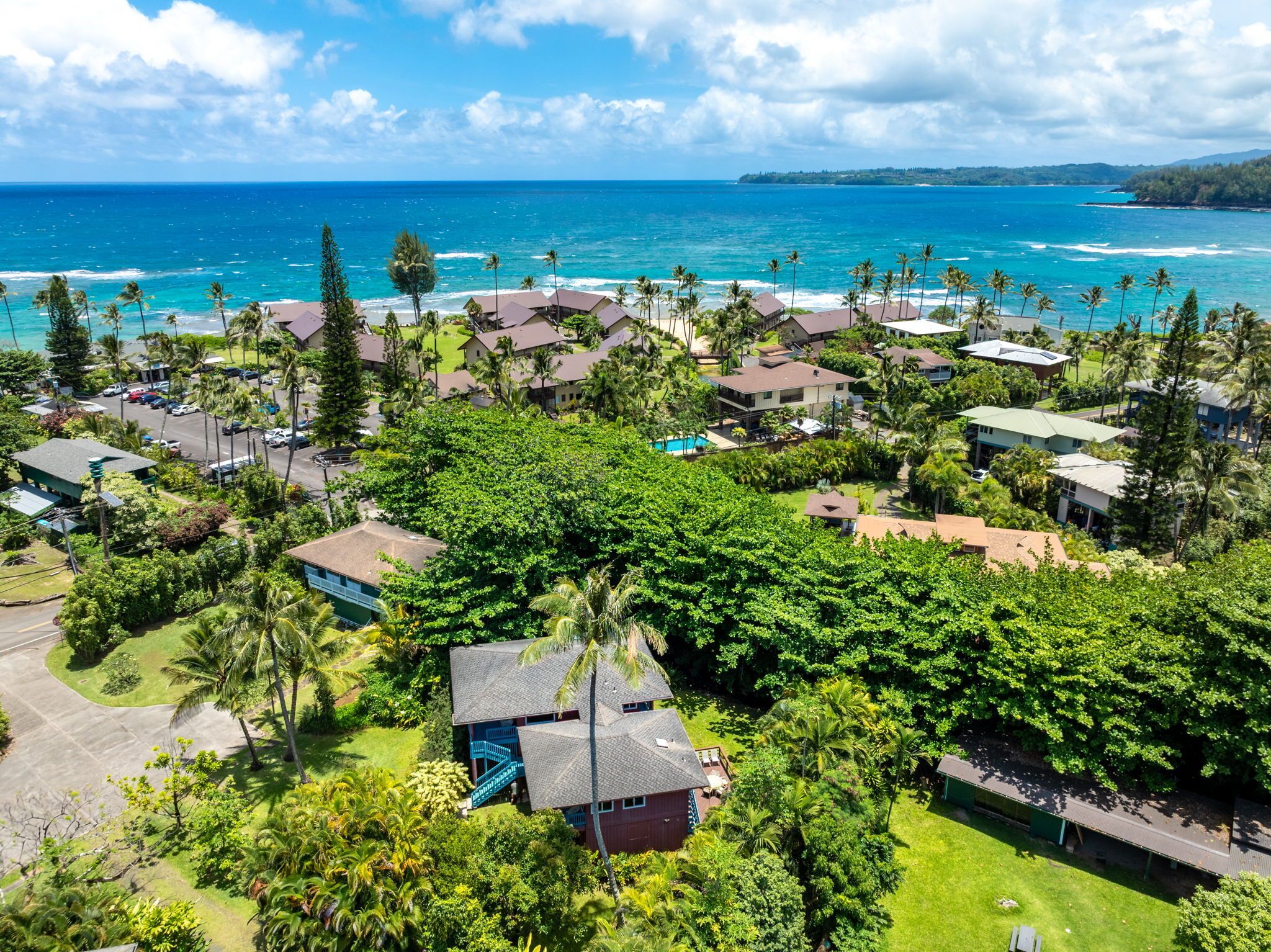 An aerial view of a coastal residential area with houses, a swimming pool, and a view of the ocean.