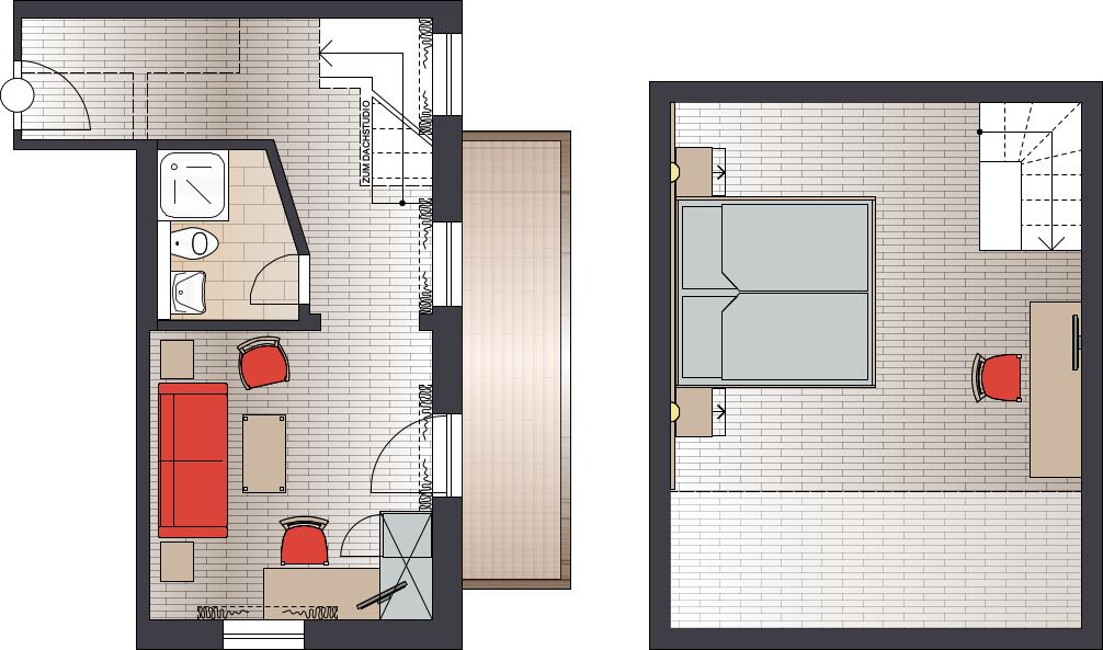 A hotel room layout with a bathroom, kitchenette, and seating area.