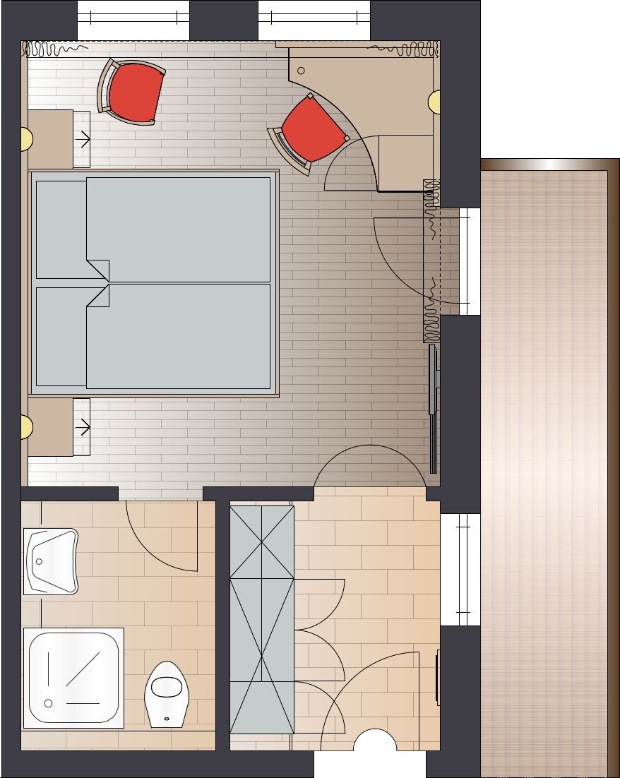 A floor plan of a hotel room with a large bed, a small desk, a chair, a toilet, and a shower area.