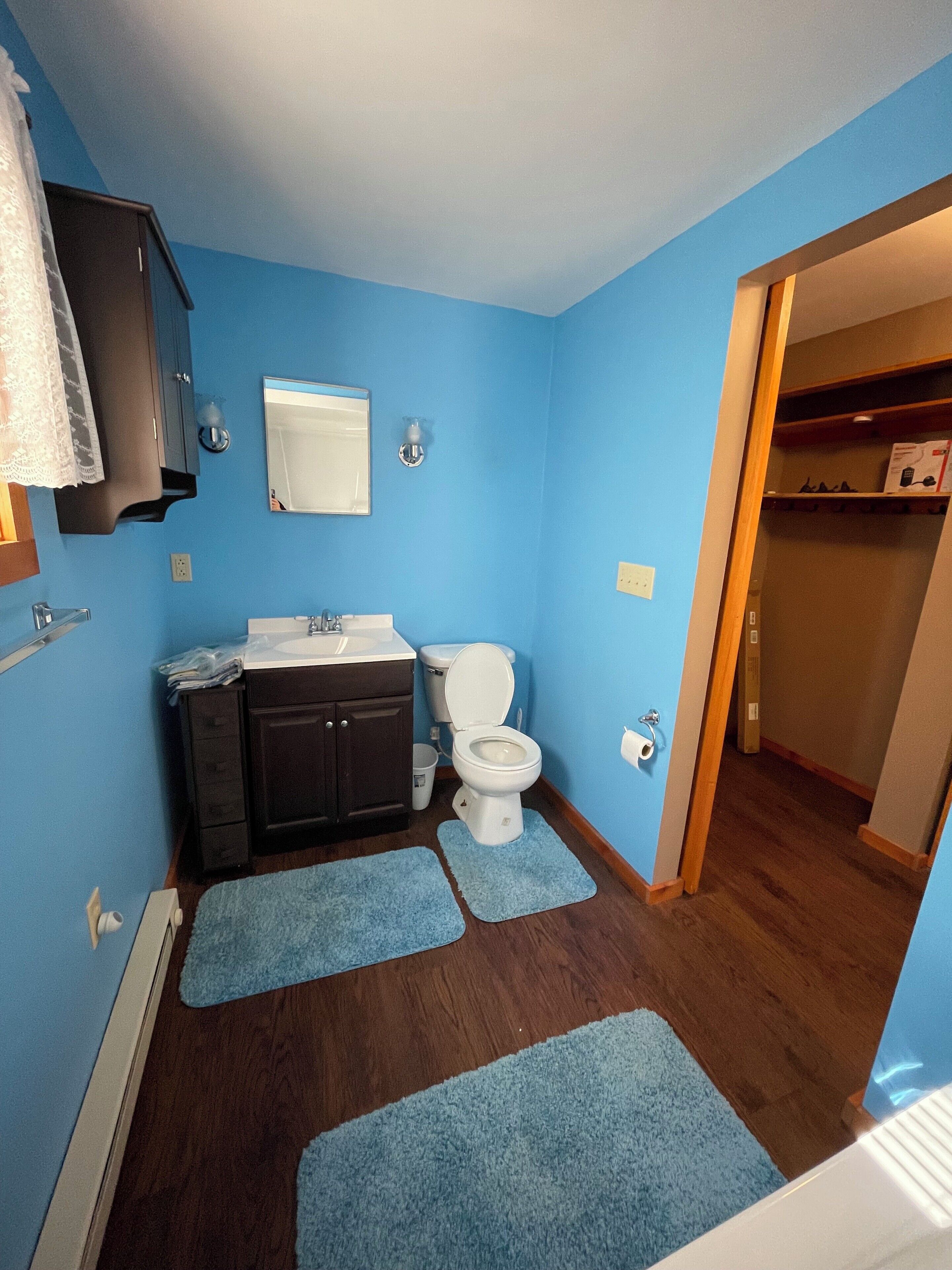 Een badkamer met blauwe wanden, een wit toilet, een donker houten wastafelmeubel en een spiegel.