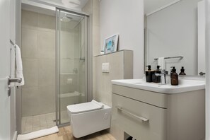 Douche, séchoir à cheveux, serviettes fournies, savon
