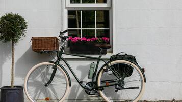 Una bicicleta estática con canasta y bolso para asiento frente a una pared blanca, junto a una ventana con maceta y flores.
