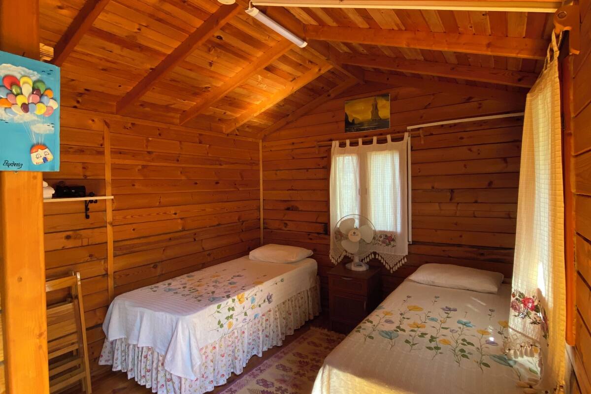 Una cabaña con dos camas, paredes de madera, un ventilador de techo y un cuadro en la pared.