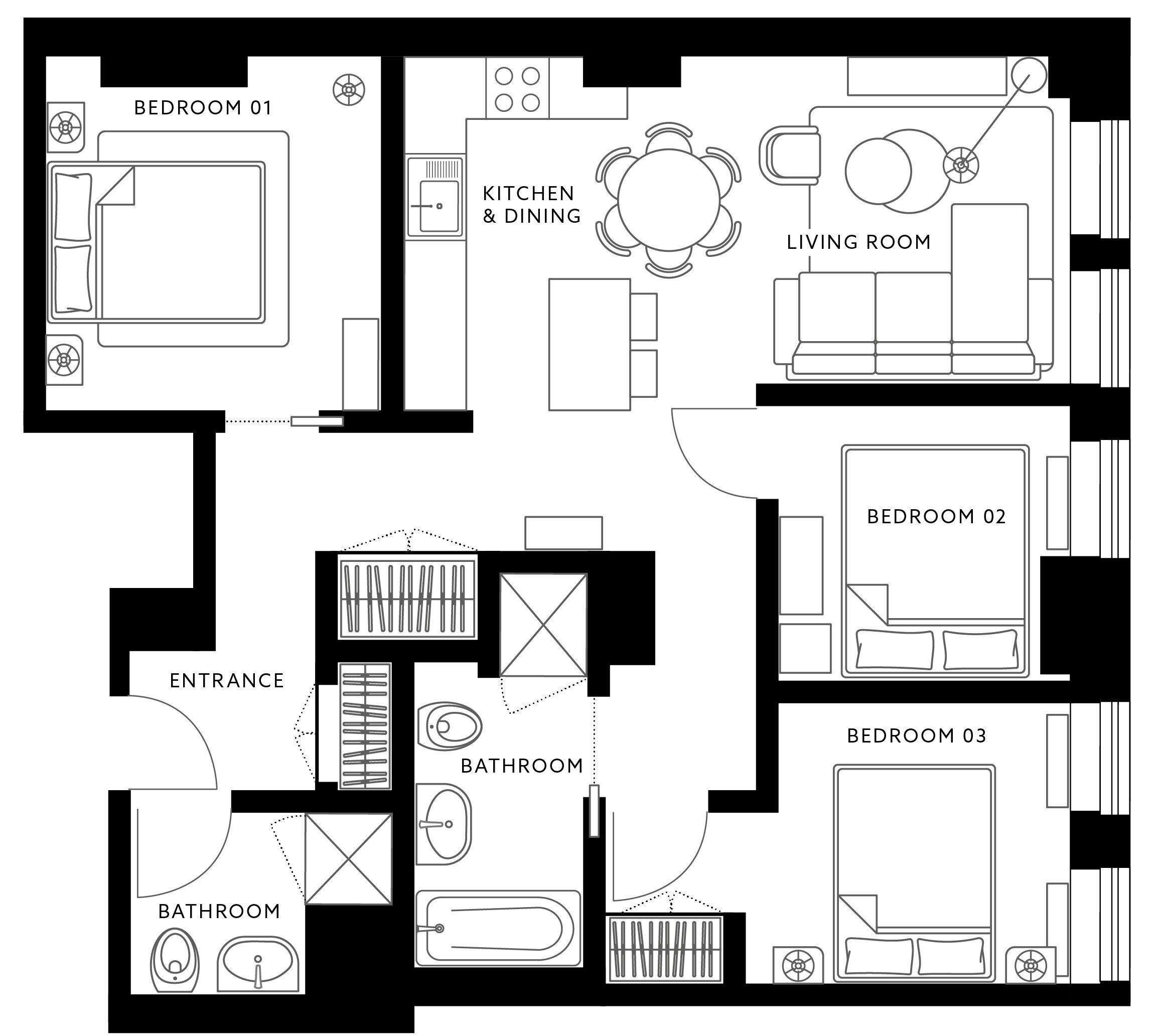 Un plan d’étage comprenant trois chambres, une cuisine, un coin repas, un salon, une entrée et deux salles de bain.