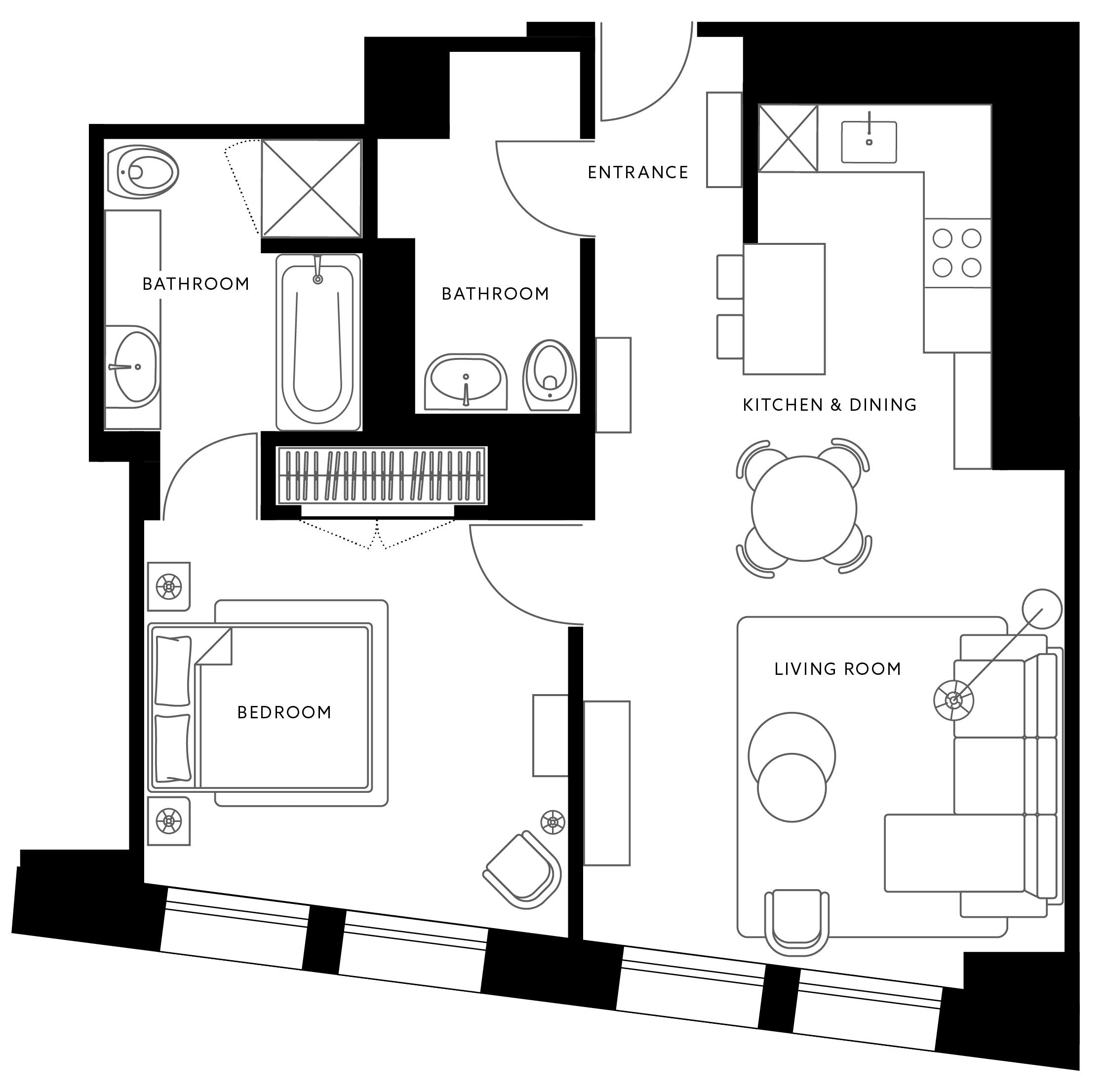 A floor plan of a hotel with a bedroom, bathroom, kitchen, dining area, and living room.
