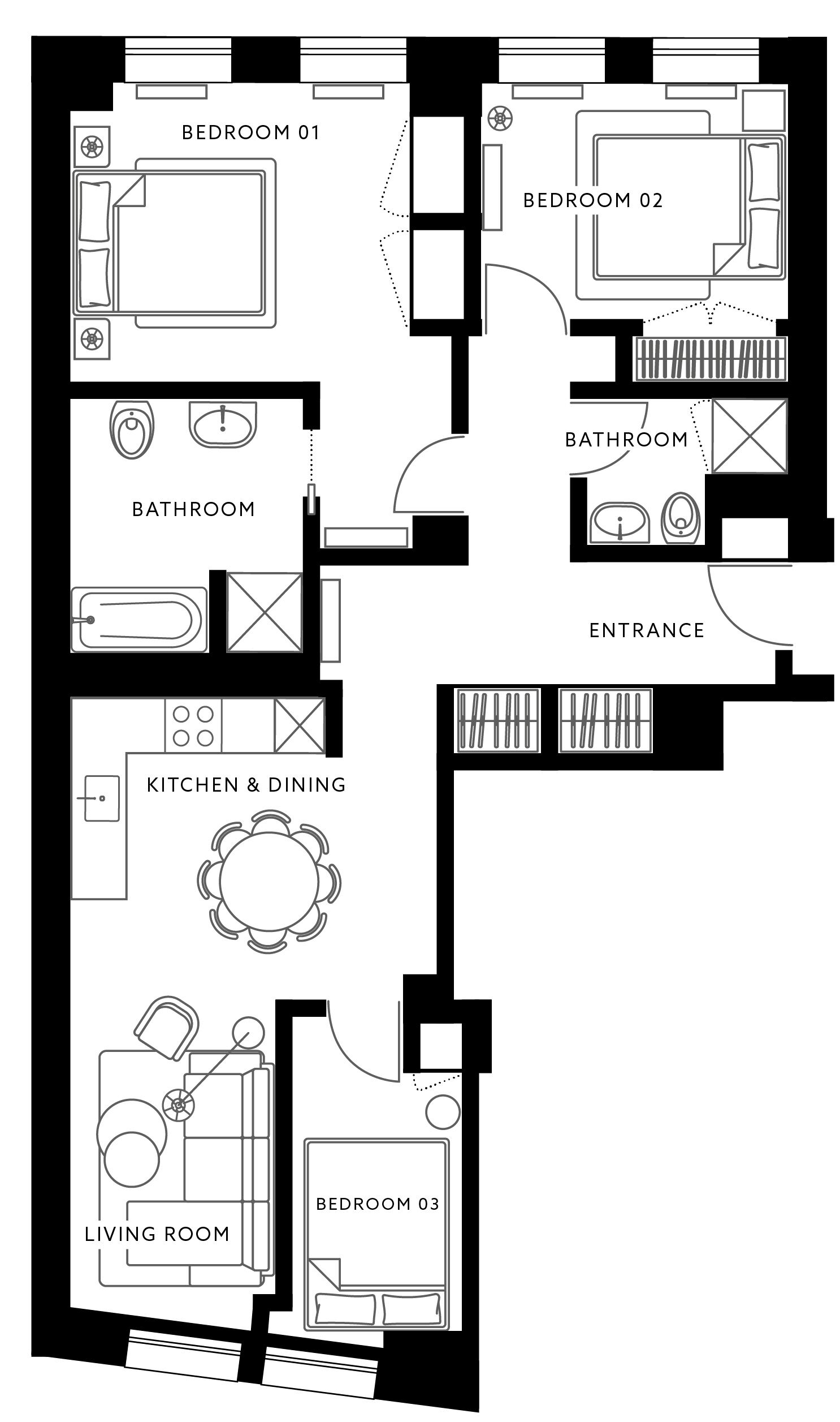 Ein Grundriss mit zwei Schlafzimmern, einem Badezimmer, einer Küche, einem Essbereich und einem Wohnzimmer.