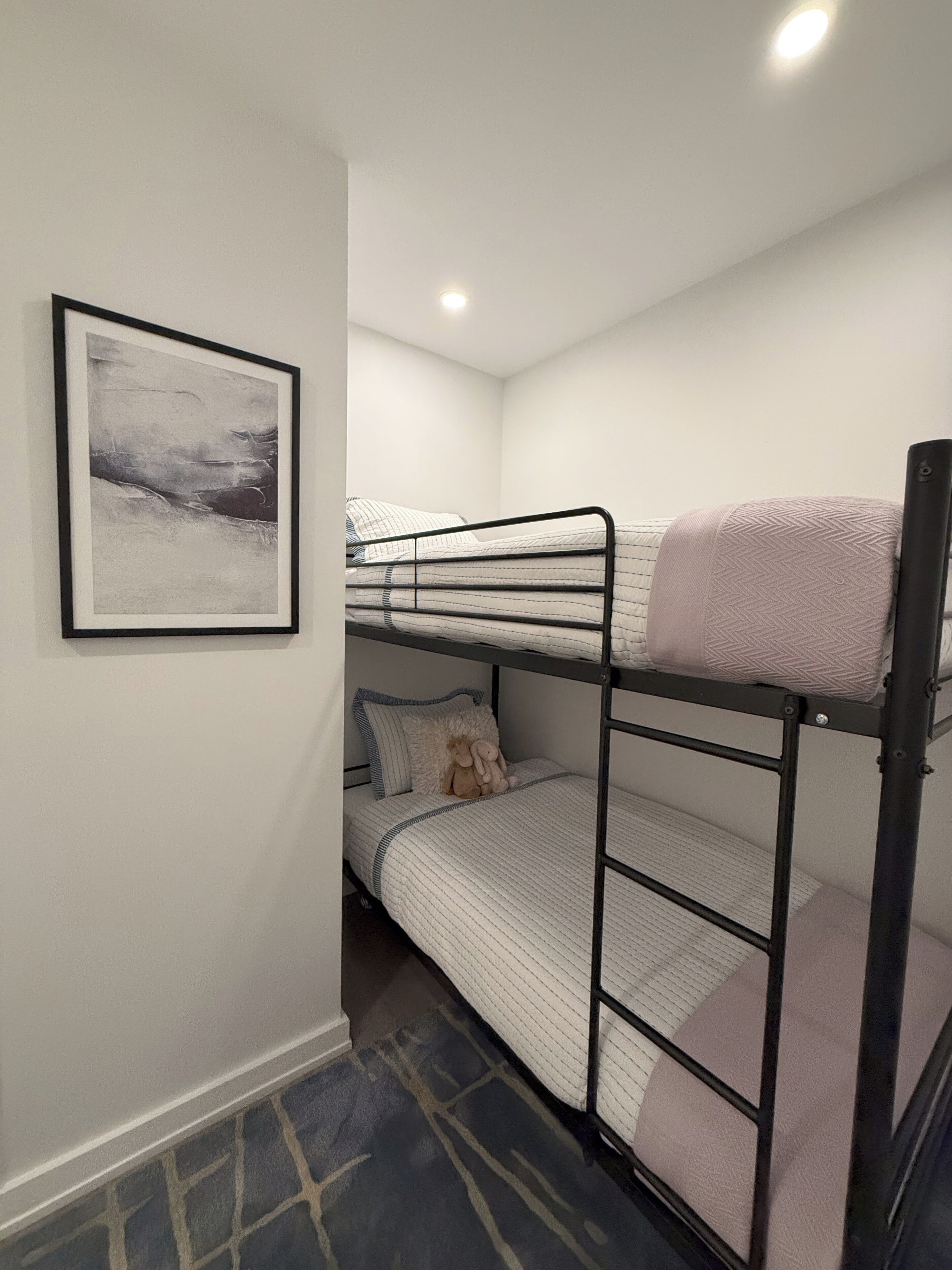 A bunk bed room with a framed picture on the wall, a patterned rug, and a ceiling light.