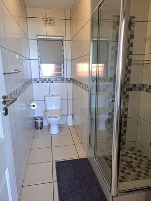 Shower, hair dryer, towels, soap