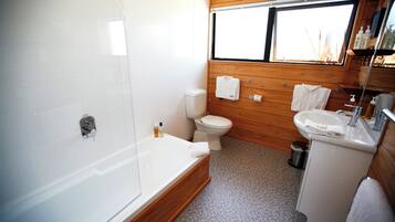 Combined shower/tub, free toiletries, hair dryer, towels