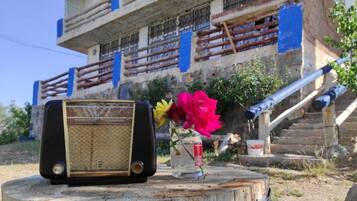 Une vieille radio posée sur un tronc d’arbre, avec un vase de fleurs devant un bâtiment délabré aux touches de bleu.