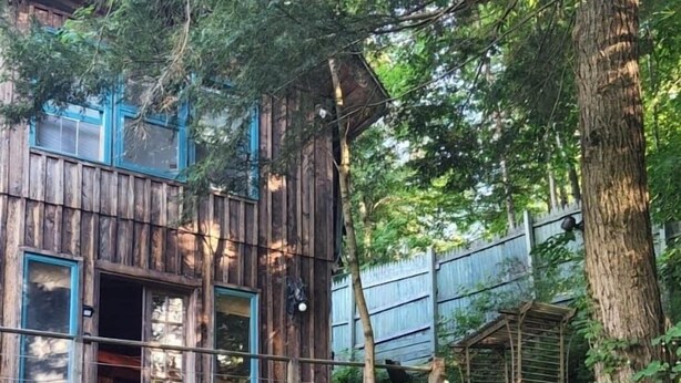 Ein rustikales Holzhaus mit einer Treppe, die zu einem zweiten Stock führt, umgeben von üppigem Grün.