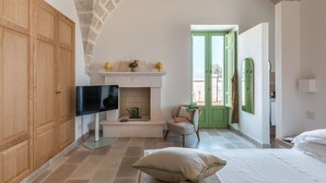 Quarto com televisão, lareira, porta verde e vista para o exterior.