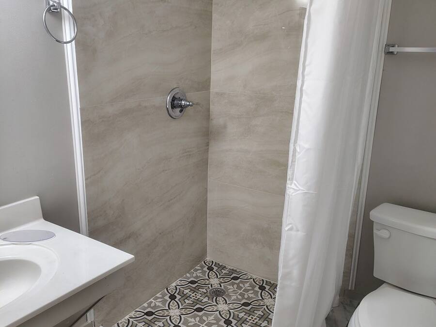 Een douche met glazen deur, een toilet en een wastafel met een wit aanrecht.