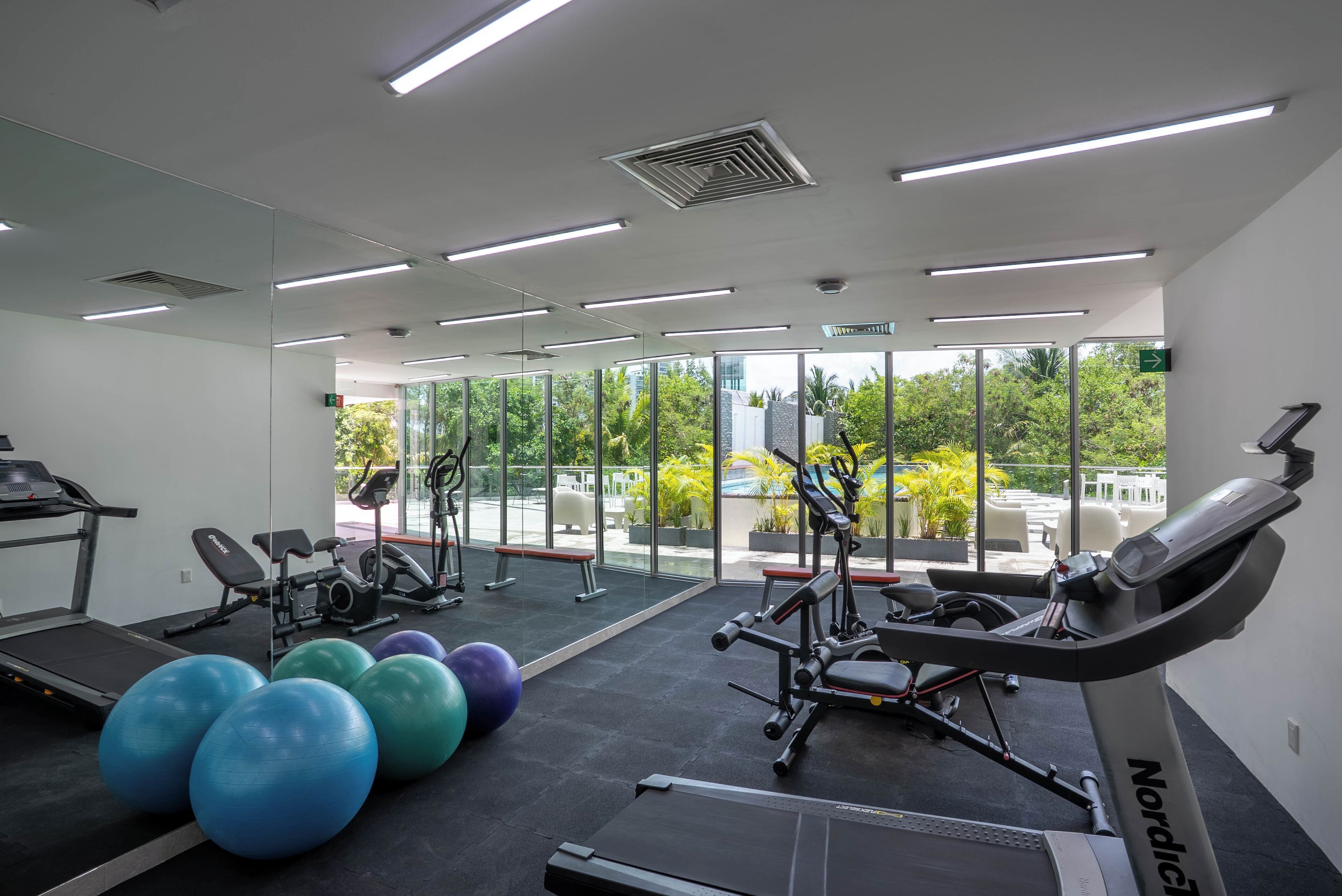 A gym with treadmills, exercise balls, and weight machines, large windows, and a view of greenery outside.