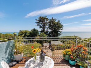 A balcony with a view of the ocean, potted plants, and outdoor furniture. - 1 bedroom accommodation in Ventnor (Ventnor)