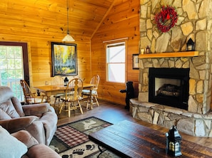 Smart TV, fireplace, DVD player, books