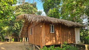 Ein rustikales Holzhaus mit einem Strohdach, umgeben von üppigem Grün und einem unbefestigten Weg.