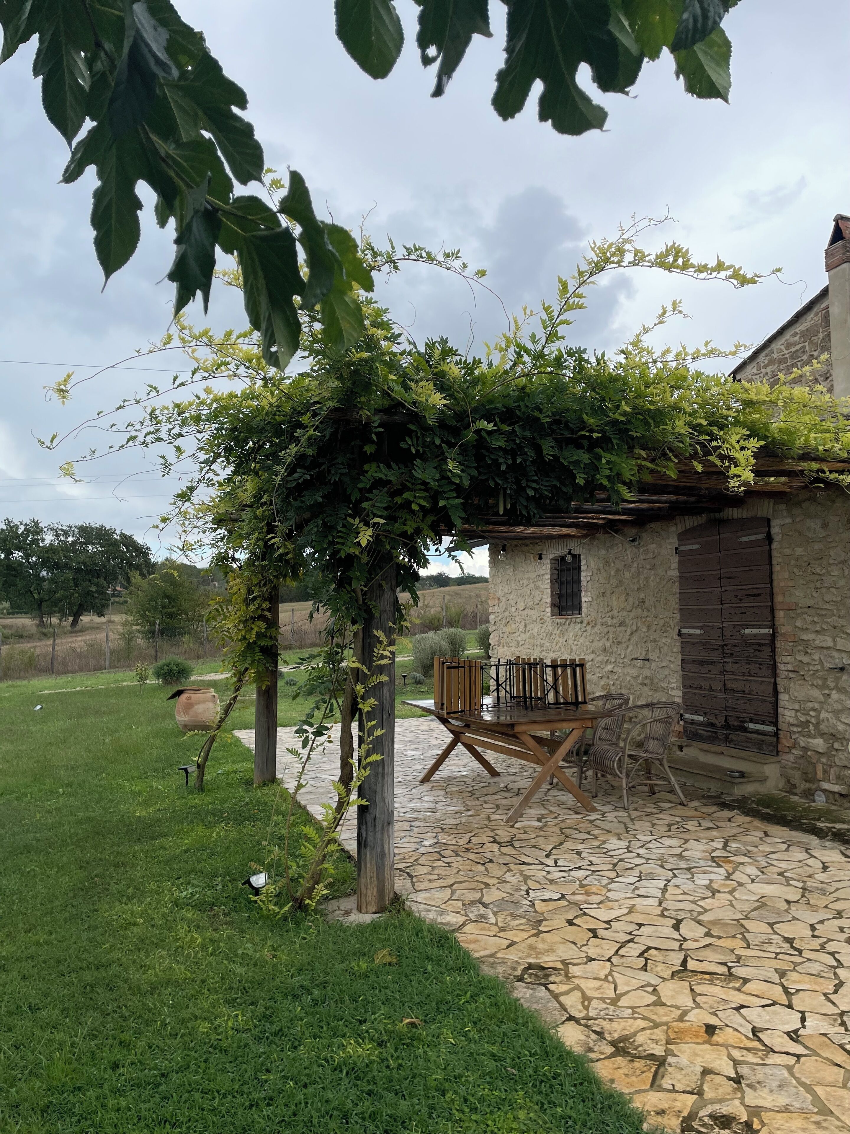 Une terrasse en pierre avec un mur en pierre rustique, une table et des chaises en bois, et une pergola recouverte de plantes grimpantes.