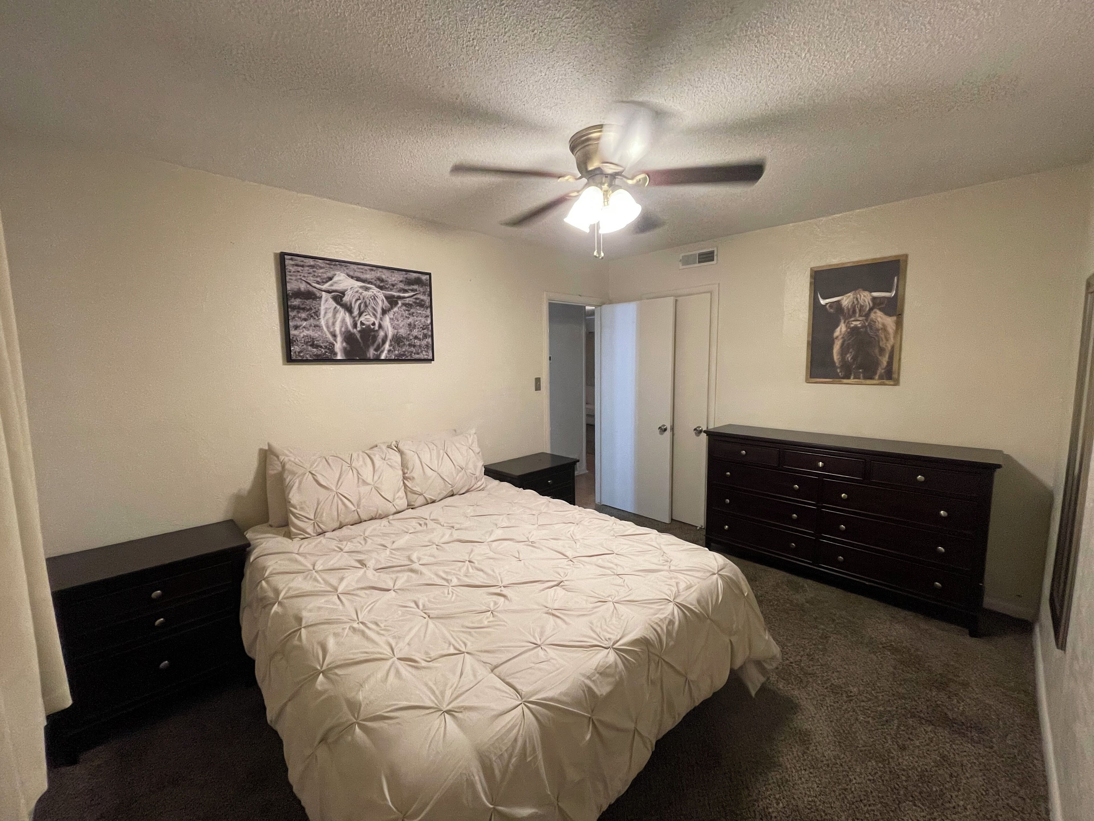 A bedroom with a bed, a dresser, a ceiling fan, and two wall-mounted pictures.