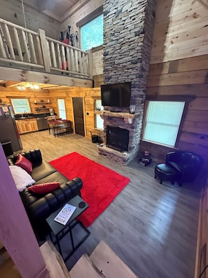 Smart TV, chimenea, reproductor de DVD y libros 