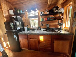 Fridge, microwave, coffee/tea maker, toaster