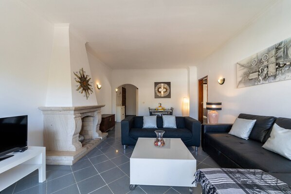 A modern living room with a fireplace, a sofa, a coffee table, and a TV.