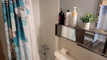 Hair dryer, towels, soap, toilet paper