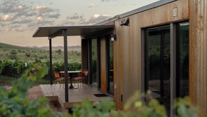 Une maison moderne dotée d’un patio, de grandes portes-fenêtres coulissantes et offrant une vue sur un vignoble.