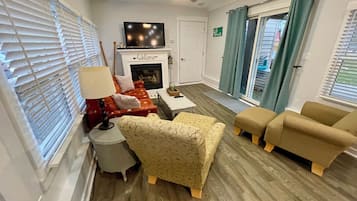 Smart TV, fireplace, books