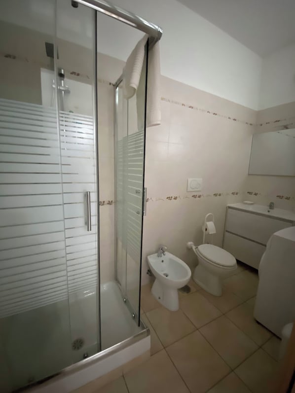 Een douche, een haardroger, een bidet, handdoeken
