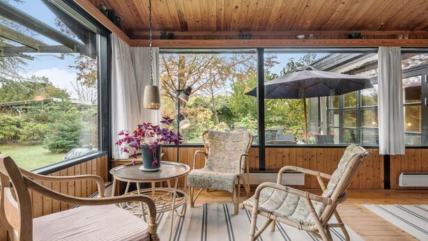 A cozy room with wooden walls and ceiling, large windows, wicker furniture, and a potted plant. - 3 bedroom awesome home in Rødvig Stevns (Rødvig Stevns)