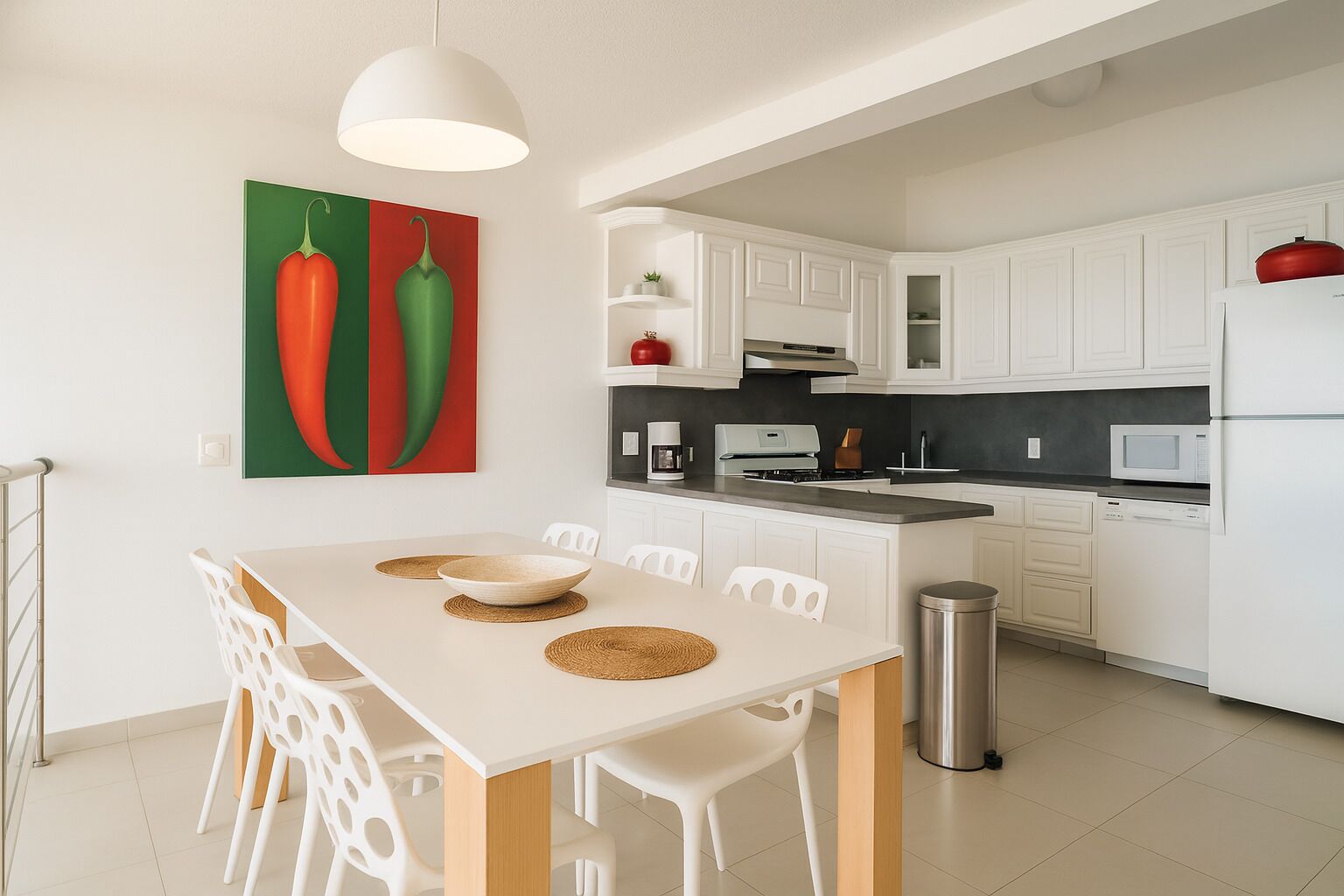 A modern kitchen with white cabinets, a stainless steel sink, and a microwave. There is a dining table with white chairs and a painting of chili peppers on the wall.