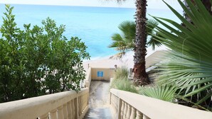 A pathway leading to a beach with palm trees and a clear view of the ocean. - Beachfront Breeze Condo (Philipsburg)