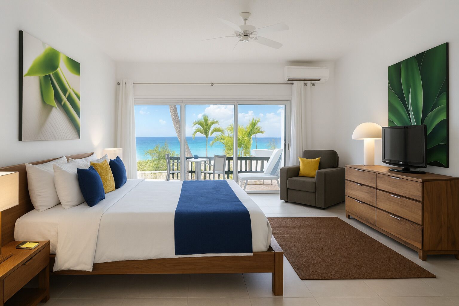 Een hotelkamer met een bed, een televisie, een bureau, een stoel, een balkon met uitzicht op de oceaan en kunstwerken aan de wanden.