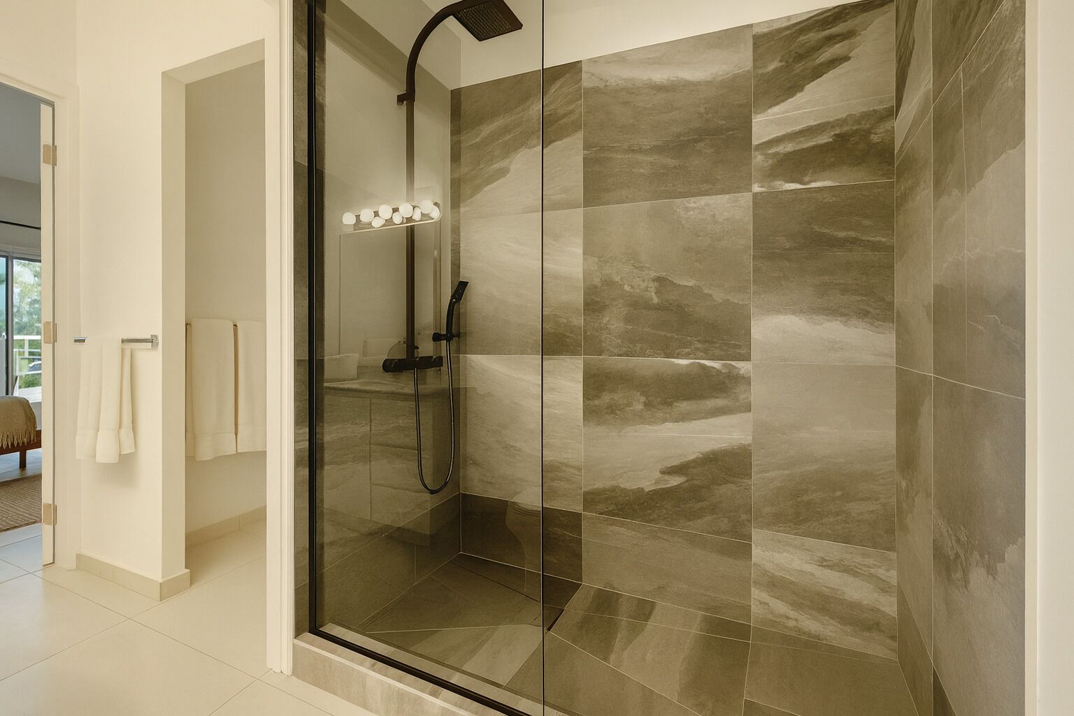 A modern shower with a glass enclosure, a handheld showerhead, and a wall-mounted light fixture.