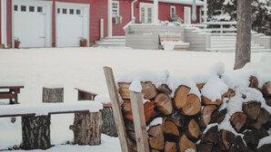 A red building with white doors, a snow-covered bench, and a stack of firewood.