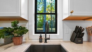 A kitchen with a modern sink, a potted plant, and a knife block.