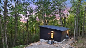 A small cabin with a dark exterior, a front door, and a small porch area.