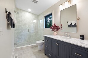 Une salle de bain moderne avec une douche en verre, des toilettes blanches, des meubles sombres et un grand miroir.