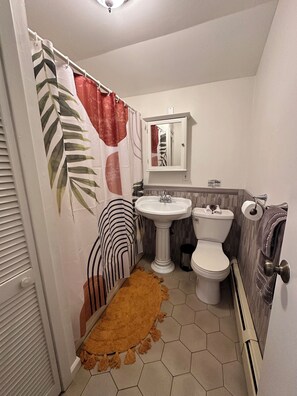 Douche, sèche-cheveux, serviettes fournies, savon