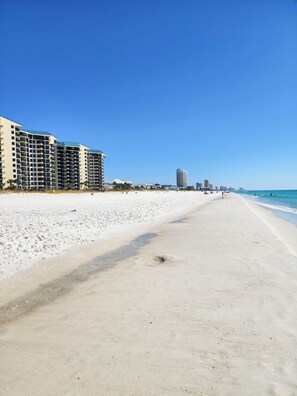 A beach with a row of high-rise buildings, sandy shore, and clear blue sky.