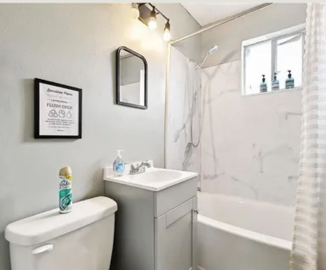 Hair dryer, towels, soap, shampoo